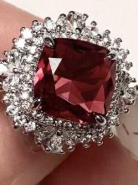 ROYAL RED SIM RUBY RING… Sterling clad mounting! Sim diamond accents!  Size 9